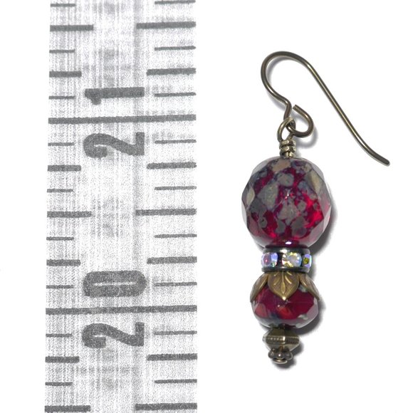 Hand Crafted Handmade Earrings Red Czech Glass & Rhinestone Long Earrings - Picture 4 of 5